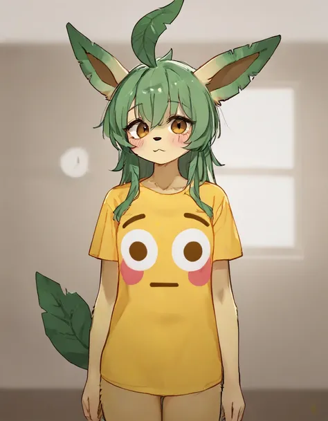 alone, score_9,score_8_up,score_7_up, anthro female leafeon, standing, flushed_emoji_shirt, simple background, t-shirt, indoors.