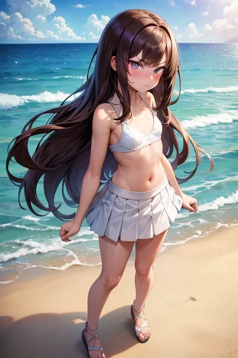 ((best quality)), ((masterpiece)), (detailed), a girl, full body, 19 years old, angry face, young adult, somewhat short stature, purple eyes, brown hair, slightly wavy hair, long hair, bangs, blush, very small breasts, sexy white bikini with skirt, seducti...