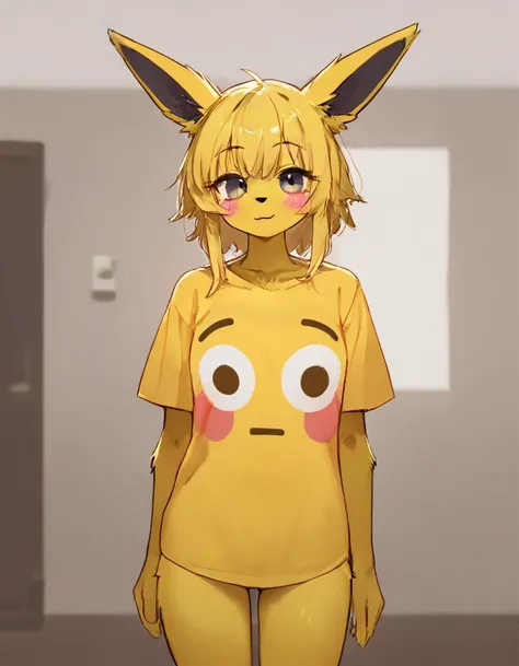 alone, score_9,score_8_up,score_7_up, anthro female jolteon, standing, flushed_emoji_shirt, simple background, t-shirt, indoors.