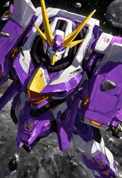 a violet gundam robot, some Samurai styling, staring up, camera is low looking up, lunar surface, raging battle in space