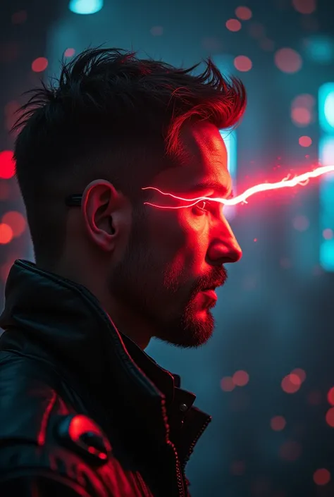 A man with a biomechanical hand，A red eye radiating lightning, A background composed of futuristic shining lights, detailed, atmosphere, Astonishing, Rich colors, complex, elegant, Movie, Dynamic, Rich dark color, Beautiful and perfect, Clear focus, Creati...