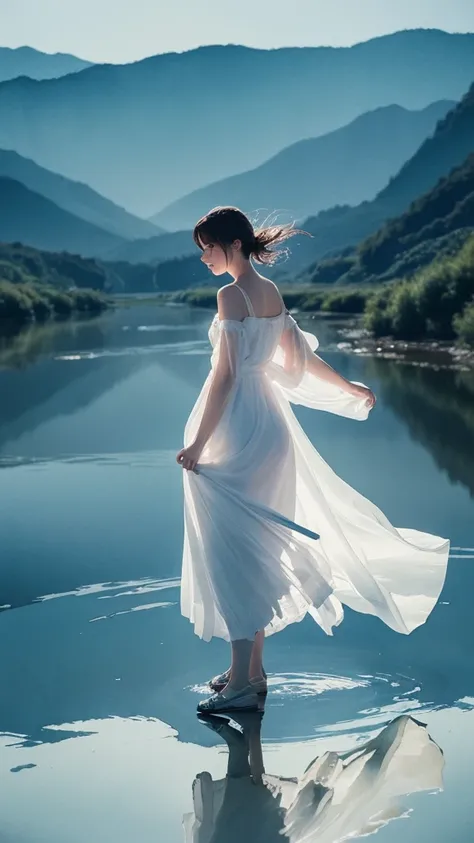 (Watercolor style, Ghost Art) + A majestic river with panoramic views + Costume bag (Overlooking) + (flow + Subtle reflection) + (blend + Splash) + (Light and shadow are clear + Swinging Dynamic)