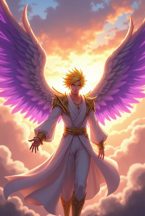 Male character from boku no hero with purple wings, yellow hair with brown and angel clothes