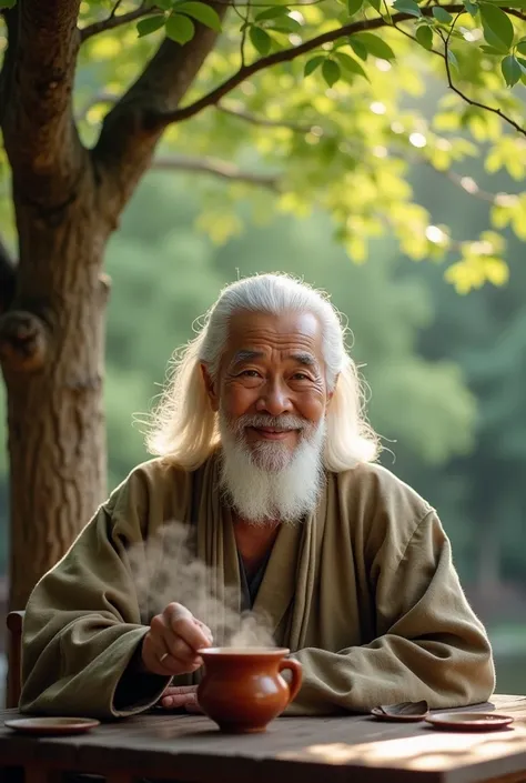 Feng shui master, kind face, white hair, cheerful, drinking tea, sitting looking straight ahead, behind him is a cozy scene of green trees.