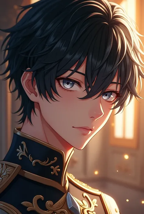 An anime man, black hair, cold silver eyes, half body, close up, silver highlights hair, prince