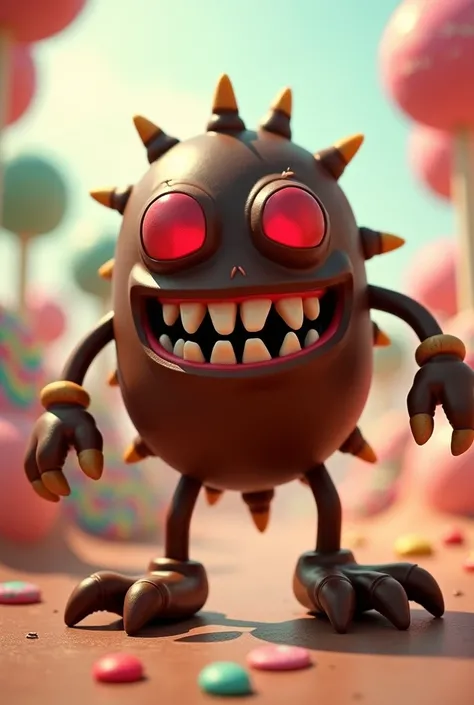 Chocolate monster, with peanut spines on the end of its tail, with peanut claws, with peanut teeth, red, triangle-shaped eyes, with 4 legs 