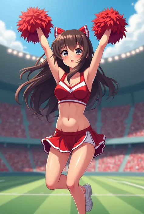 Anime Style,Cheerleading with pom-poms in a stadium.

While jumping,showing her pussy,pussy,まんこ

Sweating under my arms、Steamy。

Big breasts and visible belly。

It&#39;s easy to tell that you&#39;re sweating,tits,pussy,Shaved pussy,Nipples