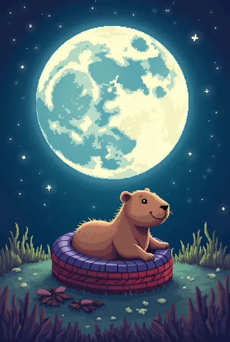 Create an image of a bright supermoon in the night sky. Inside the moon, show a capybara with a tire around its neck, pixel