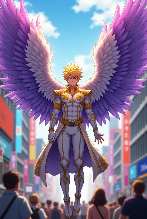 Male character from boku no hero with purple wings, yellow hair with brown and angel clothes