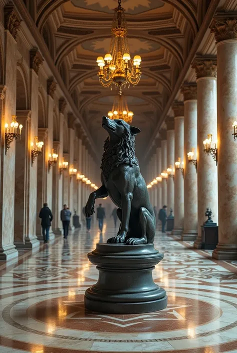 standing in a grand museum gallery between ornate marble columns and intricate tile floors, Surrounded by luxurious chandeliers that cast a warm light, on a pedestal, There is a magnificent statue of an iron wolf that falls and breaks its legs and claws