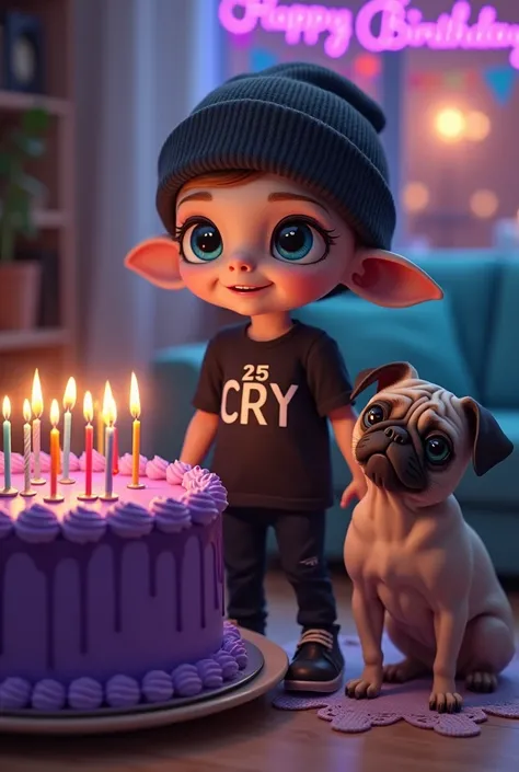 small male alien, with a tender face with blue eyes, dressed in a black beanie, Black t-shirt with the name CRY, with a purple cake with 25th birthday candles, accompanied by his Sphynx cat and a pug dog, with the phrase at the top happy birthday Cri Cri, ...