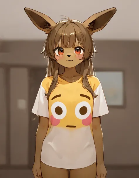 alone, score_9,score_8_up,score_7_up, anthro female eevee, standing, flushed_emoji_shirt, simple background, t-shirt, indoors.