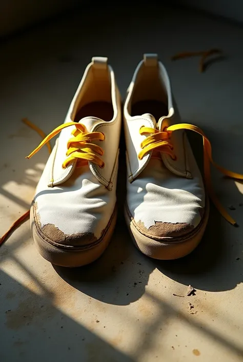 a pair of old, worn out white dirty shoes, ripped sewn with banana flower, weathered and distressed, photorealistic, (best quality,4k,8k,highres,masterpiece:1.2),ultra-detailed,(realistic,photorealistic,photo-realistic:1.37),HDR,UHD,studio lighting,ultra-f...