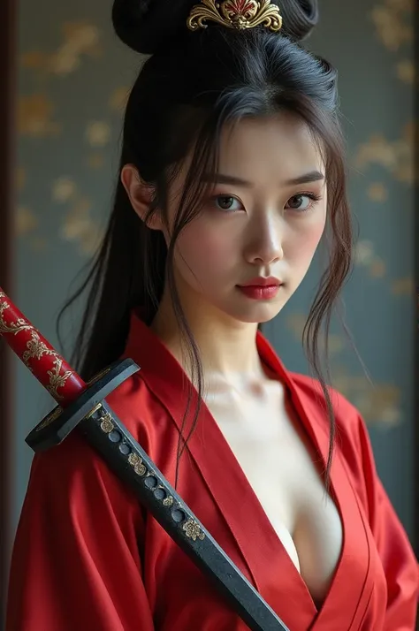 Beautiful 18 year old girl wearing Hanfu holding sword , cold face, revealing breasts under the shirt 