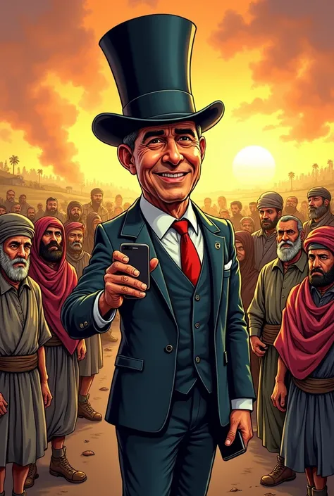 Imagine a man who would be the president wearing a hat with a new generation cell phone and holding poor peasants at war and asking for peace. Caricature 