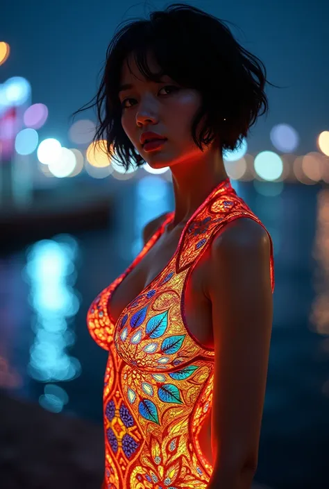 (masterpiece, Highest quality), 8k,(((Very detailed))), Race:1.8, Super intricate Race pattern, colorful Race pattern, Glowing stained glass transparent body, Mandala,light up, 1 female, Open Back, , Japanese, Photo of Lee Jae,, sultry body with セクシー belly...