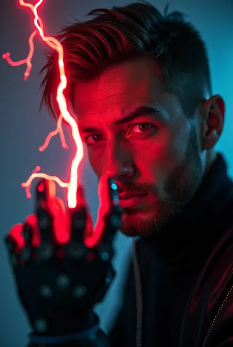 A man with a biomechanical hand，A red eye radiating lightning, A background composed of futuristic shining lights, detailed, atmosphere, Astonishing, Rich colors, complex, elegant, Movie, Dynamic, Rich dark color, Beautiful and perfect, Clear focus, Creati...