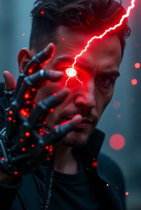 A man with a biomechanical hand，A red eye radiating lightning, A background composed of futuristic shining lights, detailed, atmosphere, Astonishing, Rich colors, complex, elegant, Movie, Dynamic, Rich dark color, Beautiful and perfect, Clear focus, Creati...