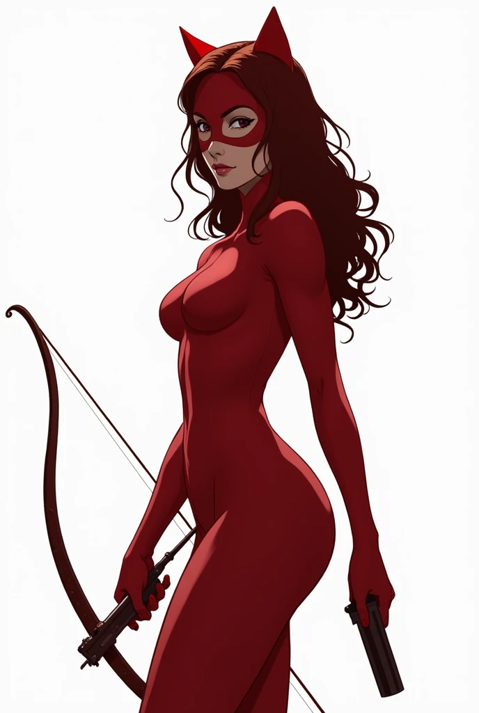 A silhouette of a teen girl wearing red Catwoman suit. Wavy hair. no head gear. Wearing red mascaraed mask. Holding a small gun and bow. Plain background. Semi-realism art