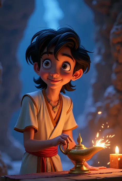 Aladdin, the main character in Aladdin. He is a young man living in poverty in the desert kingdom of Agrabah. He sneaks around to earn his living, but yearns for his late mother and tries to become a man who will one day live up to her shame. He becomes th...