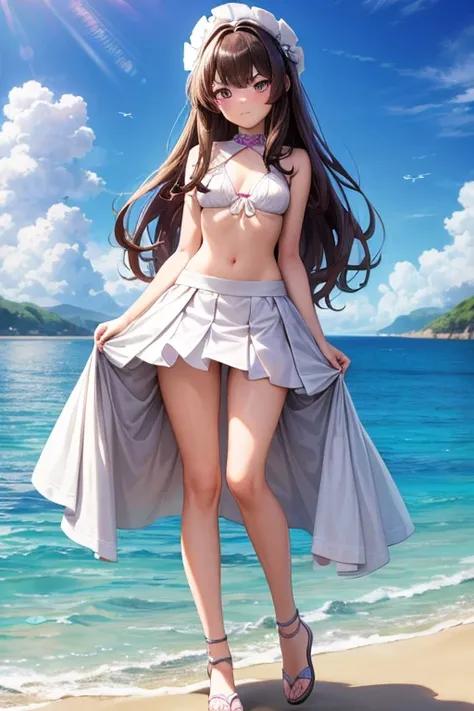 ((best quality)), ((masterpiece)), (detailed), a girl, full body, 19 years old, serious face, young adult, somewhat short stature, purple eyes, brown hair, slightly wavy hair, long hair, bangs, blush, very small breasts, sexy white bikini with skirt, seduc...