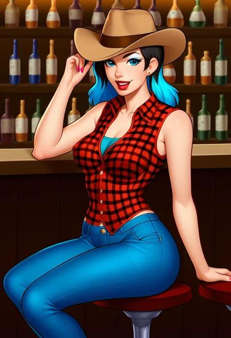 score_9, score_7_up, break,  1girl, solo,  gwentd, two-tone hair, lipstick, cowboy hat, plaid shirt, vest, denim, sitting, bar