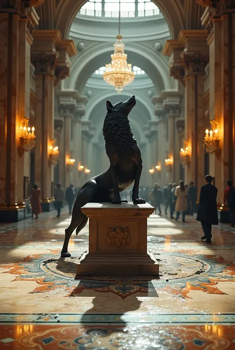 standing in a grand museum gallery between ornate marble columns and intricate tile floors, Surrounded by luxurious chandeliers that cast a warm light, on a pedestal, There is a magnificent statue of an iron wolf that falls and breaks its legs and claws on...