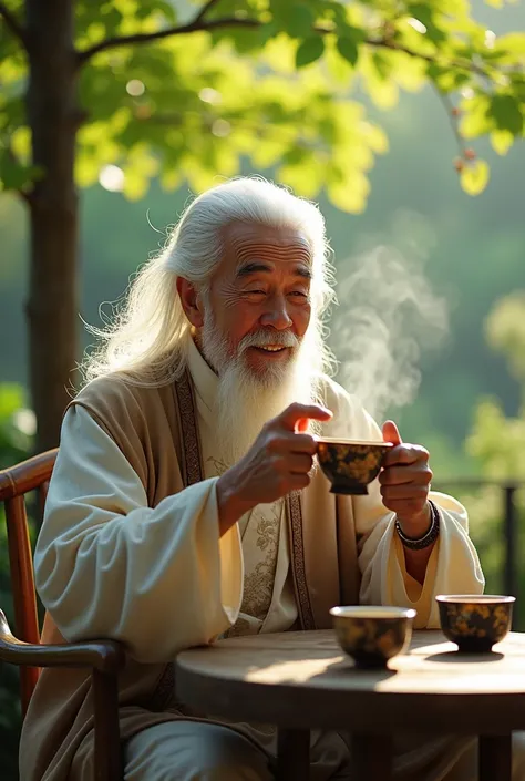 Chinese feng shui master, kind face, white hair, cheerful, drinking tea,  
 The teacher sat looking straight ahead, behind him was a scene of cozy green trees