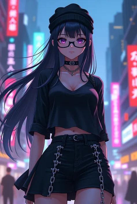 Create an anime girl character, slim build, White skin, long straight white loose hair, with locks of black hair, a black head warmer, a black choker with spikes and chains hanging, a black blouse and a short black skirt , and black glasses 