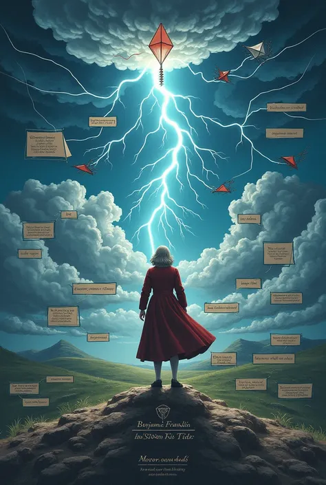 Benjamin Franklin&#39;s Mind Map of the Storm Kite Experiment, with topics about the experiments, make animated and realistic, for college work 