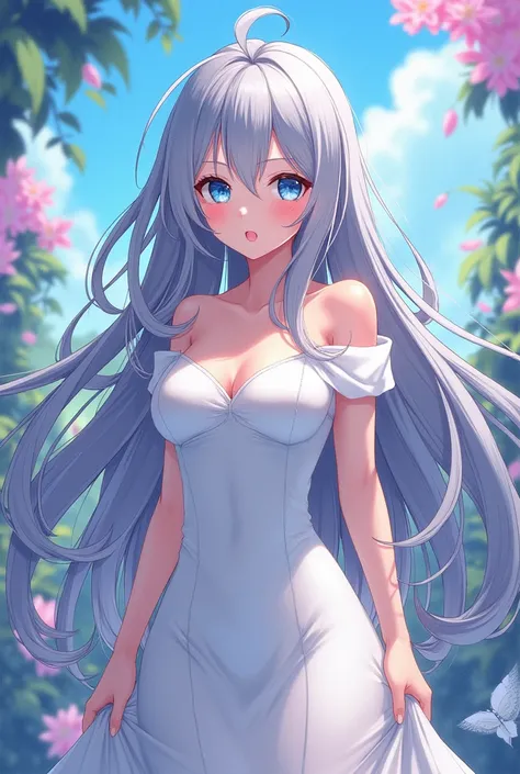 blue eyes, looking at viewer, sharp focus, anime style, masterpiece illustration, full body, normal angle, shiny hair, long hair, fit shape, beautiful detailed white dress, silver hair, pixel art