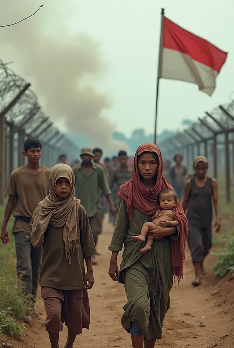 The sad nuances of hunger are set against the backdrop of war between groups of people., farmer, laborer, mothers, grandmothers and children in shabby clothes in a country and there is a shabby Indonesian flag