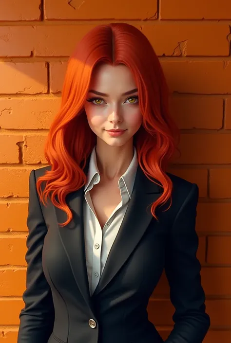 Create a female character with red hair, with yellow eyes, giving a slight smile, this character will be wearing a suit with a tie, behind the character there will be an orange brick wall