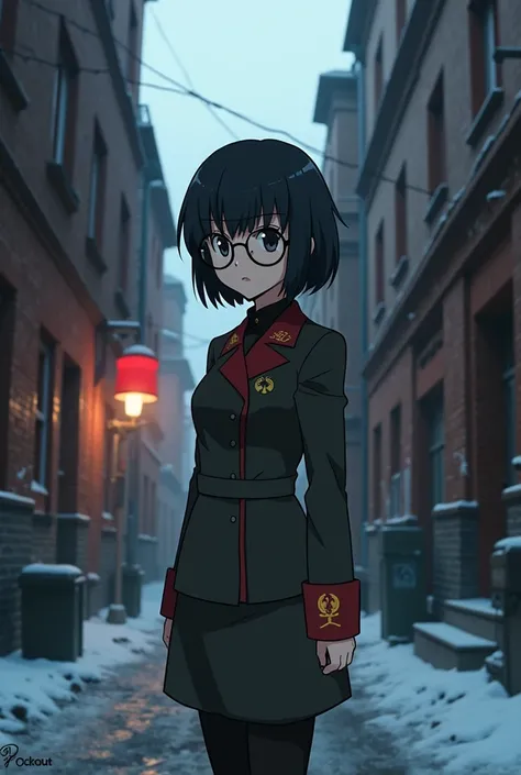 Anime, Short black hair with bangs, Big Tights, Narrow waist, Wearing glasses, Wearing a Soviet uniform,Moscow alley