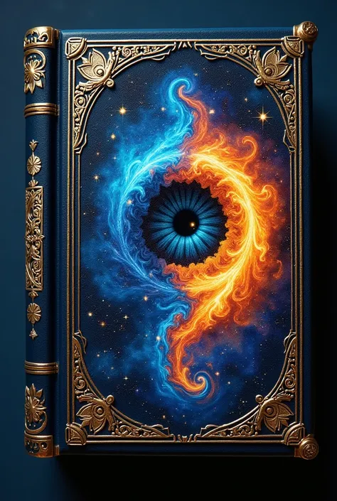 Make a book with a background of half a galactic black eye and half energy , That is, half of one side will be light and the other half darkness of the eye. 