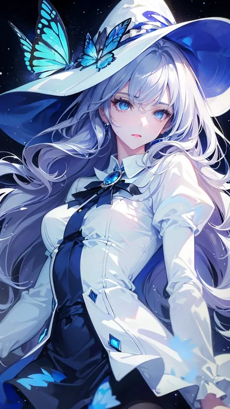 ((masterpiece, Highest quality)), Detailed face，magician，Character portrait，whole body，Perfect Body Proportions，Long legs，((Long Wavy Hair)), ，Beautiful Eyes，Fantasy Style，White Background，Very beautiful，Witch Hat,White hat，Lock，race，pantyhose，Expose,White...