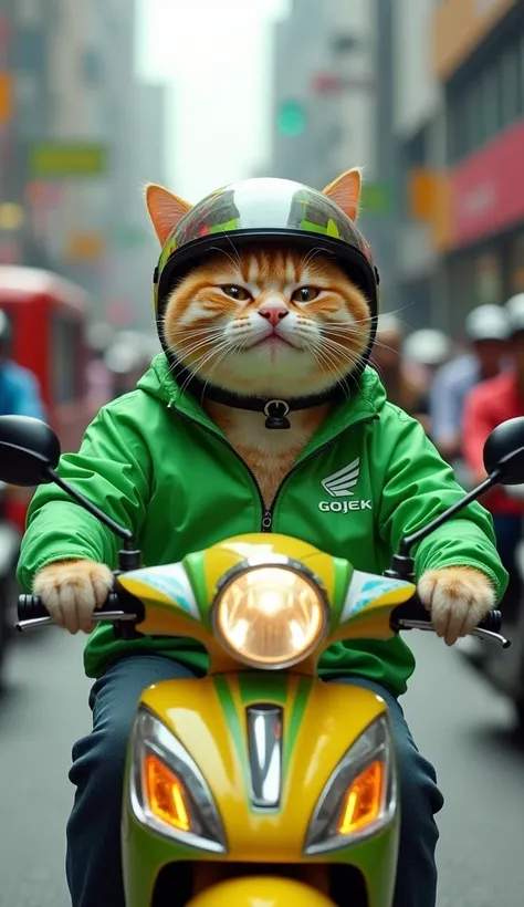 Create an image of a chubby, cute fat cat riding a Honda Beat matic motorcycle on a busy road. The cat is wearing a green jacket with the word "GOJEK" printed on it, along with a helmet on its head. It looks happy and content as it navigates through the tr...