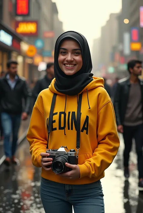 genitals,UHD , Arabic, girl,woman, lady,female, black scarf, pale skin, , cute face, city, crowds, holding camera, Noon, wide hips, girl,rainy,wet body,sweaty,wearing cap with "MEKKA" letter, yellow Hoodie with "MEDINA" letter, jeans 