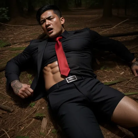 33 years old,One Man,、Black Shirt、Red tie、Black gloves、Forest、Lying on your back on the ground、Get punched in the stomach　logic, ,Black Hair、Very short hair、undercut、Handsome fighter　Asian Face　Stubble、The crotch area of your trousers is bulging　Black sung...