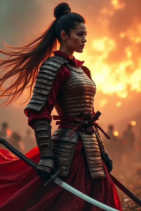 ((Japan Samurai for women)，field of battle，dynamic pose，portrait of upper body、Longsword，armors，fiery sky，crazy details，details Intricate，high resolution，8k，((anatomically correcte)) written at the bottom : 36 high-quality photos