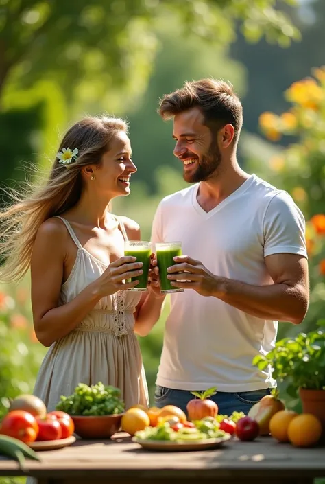 Healthy home and wife couple drinking green juice in outdoor place