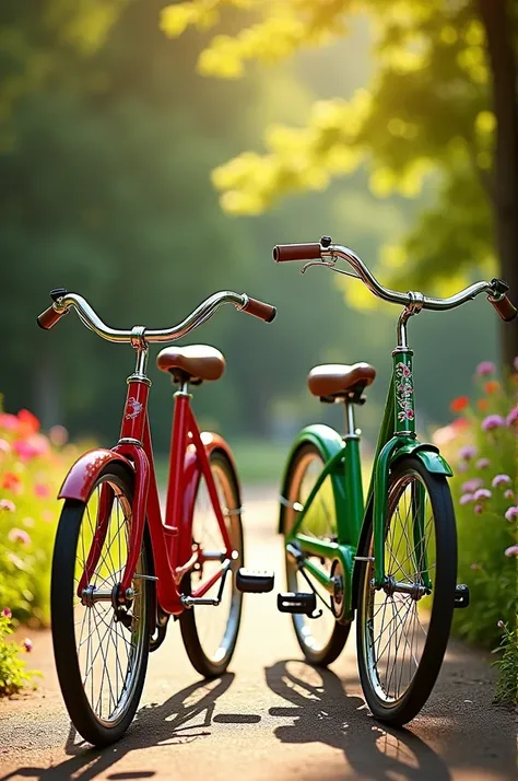 Create an artwork involving two bicycles, one red and one green