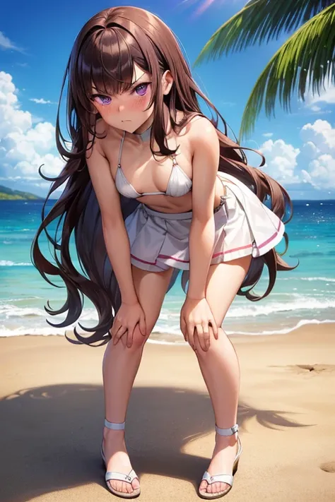 ((best quality)), ((masterpiece)), (detailed), a girl, full body, 19 years old, angry face, young adult, somewhat short stature, purple eyes, brown hair, slightly wavy hair, long hair, bangs, blush, very small breasts, sexy white bikini with skirt, seducti...