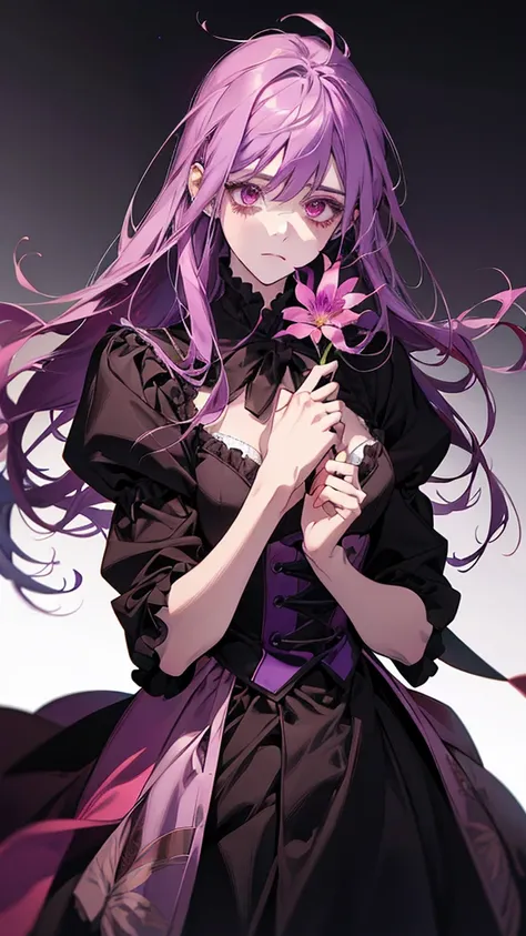 Animated character holding purple flower in hand, gapmoe Yandere, gapmoe Yandere grimdark, Yandere, portrait gapmoe Yandere grimdark, Yandere. expensive, Burning, Anime Moe Art Style, inspired Burning, bakemonogatari, Her face is like an orchid, In anime s...