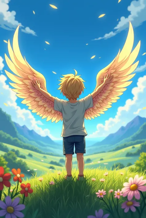 anime style drawing of a boy with wings

