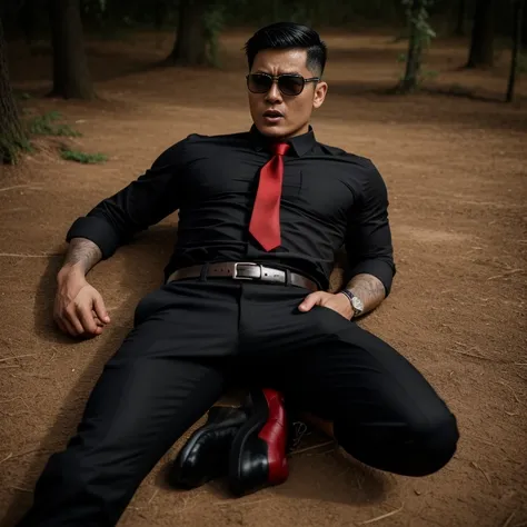 33 years old,One Man,、Black Shirt、Red tie、Black gloves、Forest、Lying on your back on the ground、Get punched in the stomach　logic, ,Black Hair、Very short hair、undercut、Handsome fighter　Asian Face　Stubble、The crotch area of your trousers is bulging　Black sung...