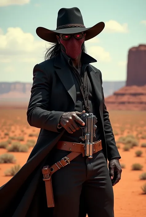 a man with dark skin, black hair and red eyes also with a mask on the mouth. 
He wears a black cowboy outfit with red details., including a hat and a long black scarf while holding a colt in attack position.
Ao fundo, a desert of the old Wild West.