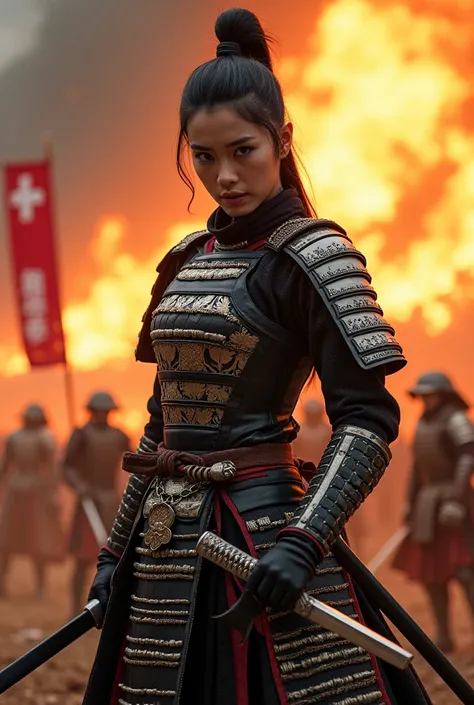 ((Japan Samurai for women)，field of battle，dynamic pose，portrait of upper body、Longsword，armors，fiery sky，crazy details，details Intricate，high resolution，8k，((anatomically correcte)) sign in the background written : 36 high-quality photos