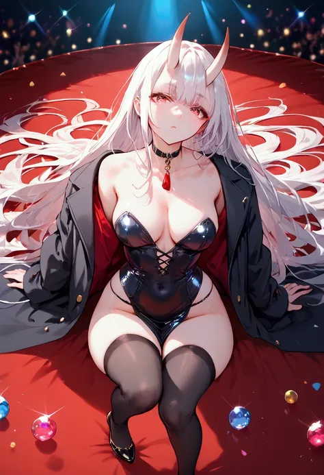 score_9, score_8_up, score_7_up, source_anime, (masterpiece), best quality, expressive eyes, perfect eyes, perfect face, oni girl, oni horns, red eyes, soft lips, long hair, very long hair, wide hips, (white hair:1.2), (white eyebrows:1), (white eyelashes:...