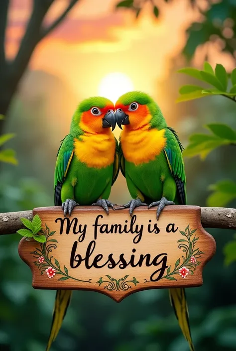 Two cuties parrots with a plaque below written "My family is a blessing"